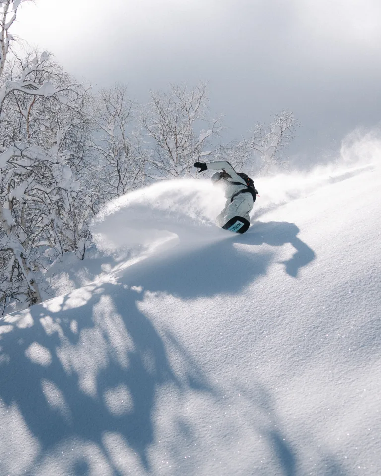 Un pratiquant de freeride descend dans la poudreuse entre les arbres.