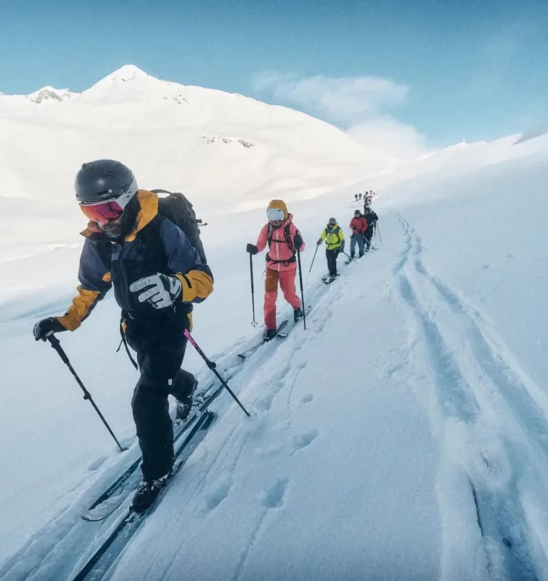 Un groupe progresse à skis de randonnée en file sur une pente enneigée.